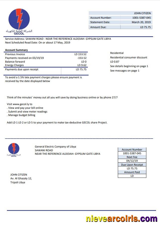 Libya General Electric Company electricity utility bill